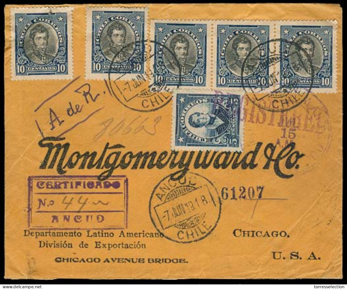 Chile - XX. 1919. Ancud - USA. Registered AR Multifkd Env. - Cile