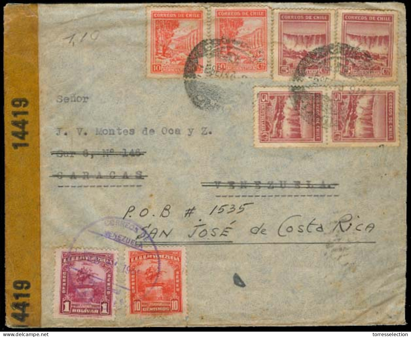 Chile - XX. 1943. Valp - Venezuela, Fwded To Costa Rica. Dual Fkg + Censored. VF. - Cile