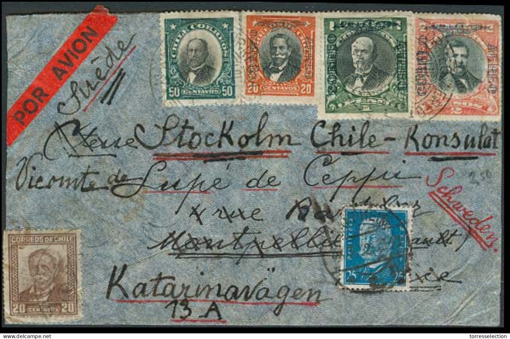 Chile - XX. 1932. Santiago - Germany - Sweden - Airmails. Air Multifkd Mixed Issues + German Combination. 25 Pf Env. VF. - Cile