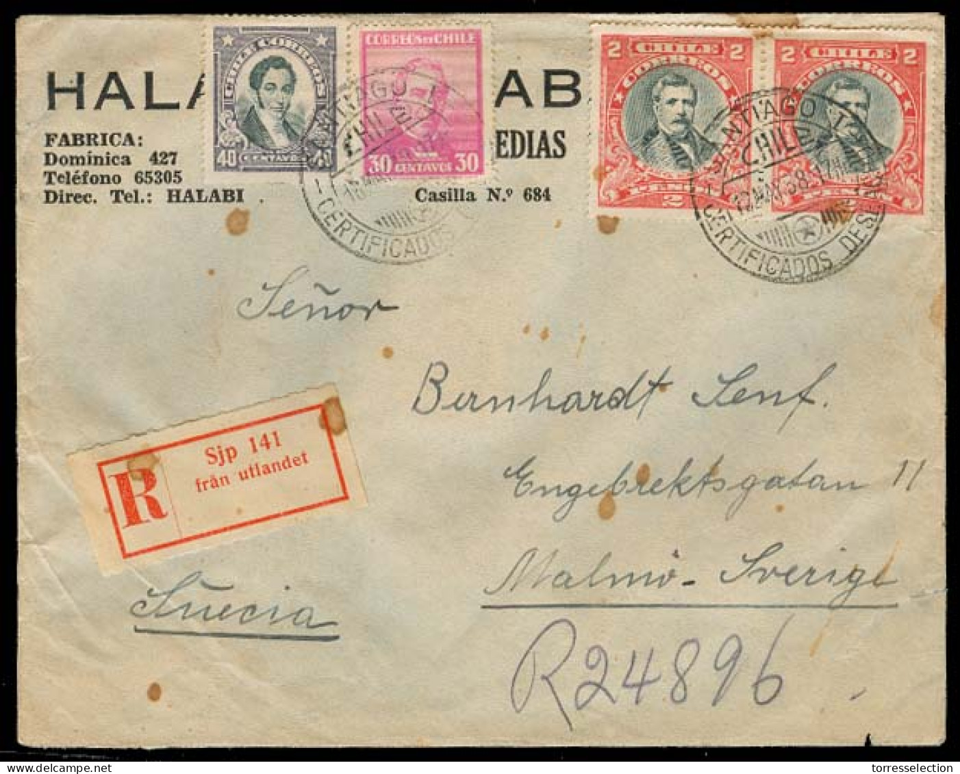 Chile - XX. 1938. Santiago - Sweden. Register Multifkd Env. Rare Entry Swedish R. Label. - Cile