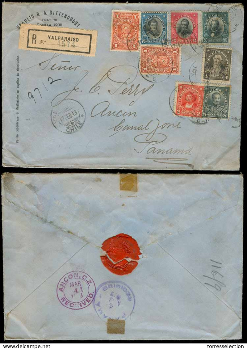 Chile - XX. 1913. Valparaiso - Panama / Canal Zone. Regulated Multifkd Env + Fiscals Used For Postage + Dest. Rare. - Cile