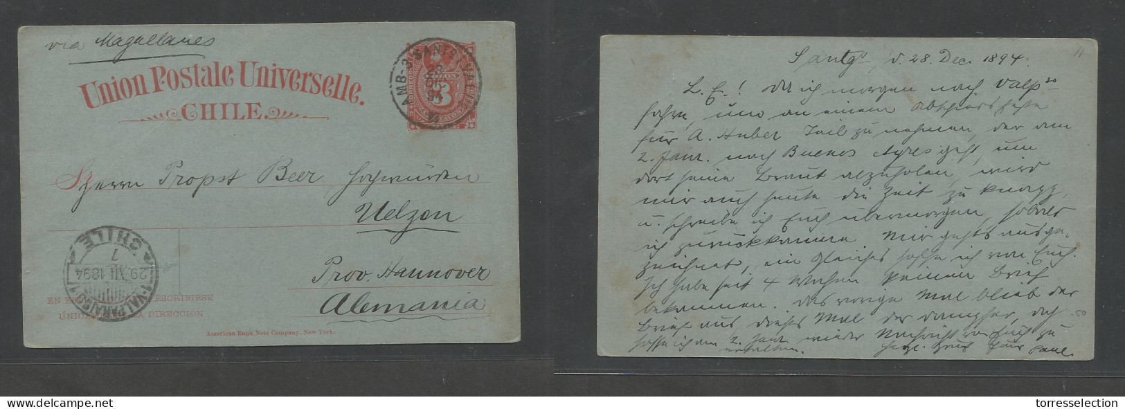 CHILE - Stationery. 1894 (28 Dec) TPO Santiago - Germany, Uelzen Via Magallanes - Valparaiso. 3c Red / Greenish Stat Car - Cile