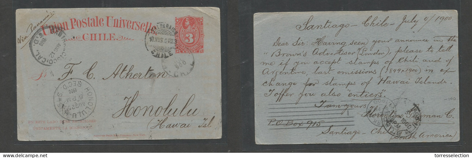 CHILE - Stationery. 1900 (4 July) Santiago - HAWAI Islands Honolulu (25 Aug) 3c Red / Greenish Stat Card Via Valparaiso. - Cile