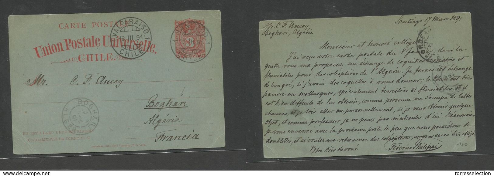 CHILE - Stationery. 1891 (17 March) Santiago - Algeria, Boghari (8 April) Via Valparaiso 3c Red / Greenish Stat Card. Ra - Cile