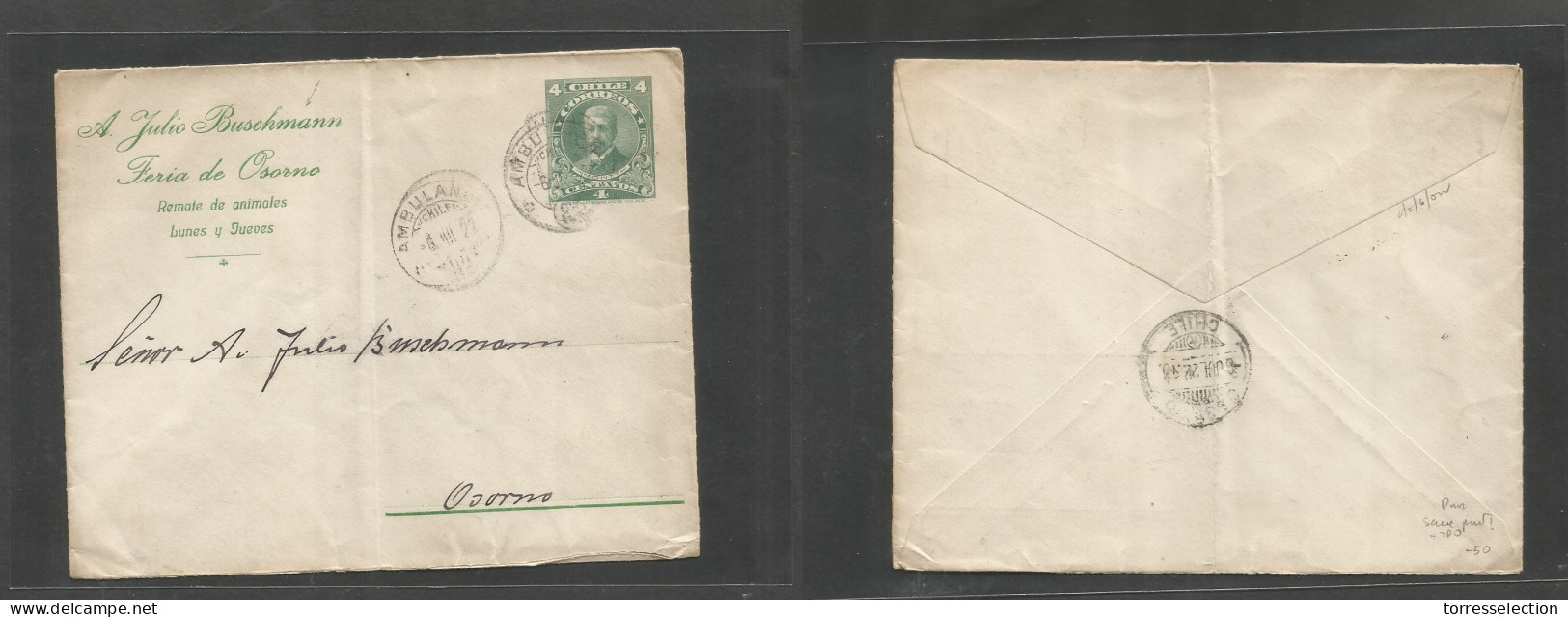 CHILE - Stationery. 1927 (6 Aug) TPO. Osorno Local Usage. 4c Green Stat Env With Same Printer Green Color Ink Private J. - Cile