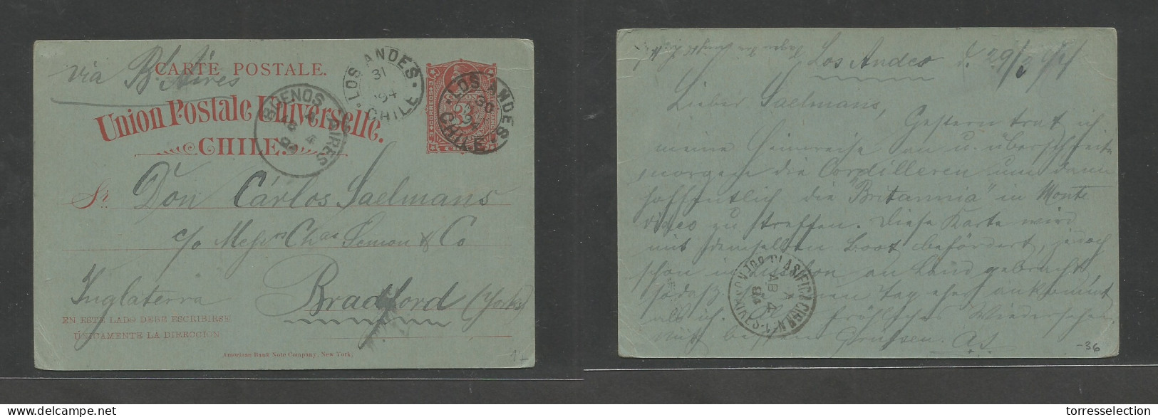 CHILE - Stationery. 1894 (29-31 March) Los Andes - Bradford, Yorkshire, UK. Via Buenos Aires. 3c Red / Greenish Stat Car - Cile