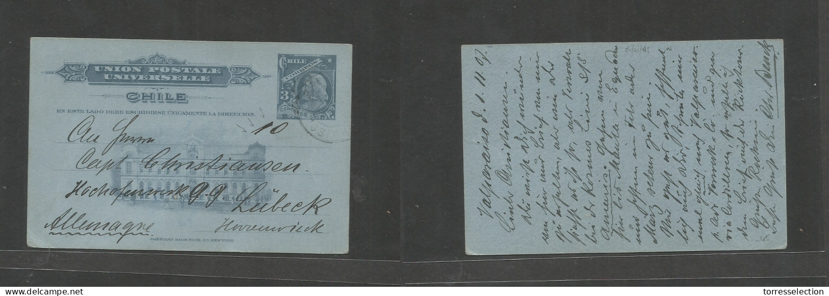CHILE - Stationery. 1907 (1 Feb) Valp - Germany, Lubeck. 3c Color Blue On Bluish Stat Card With MANUSCRIPT "10" Of Diffe - Cile