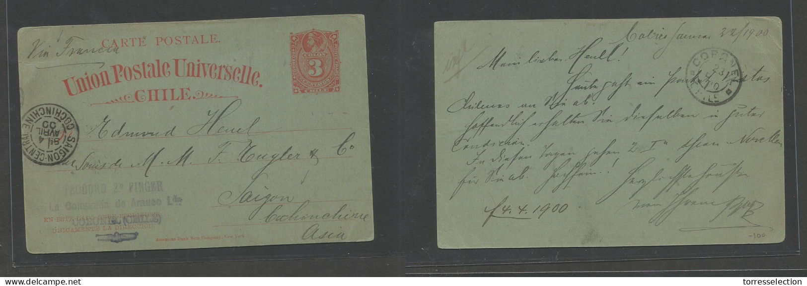 CHILE - Stationery. 1900 (22 Jan) Calico, Coronel - Indochina, South Asia, Saigon (5 April) 100 Days Transit 3c Red / Gr - Cile