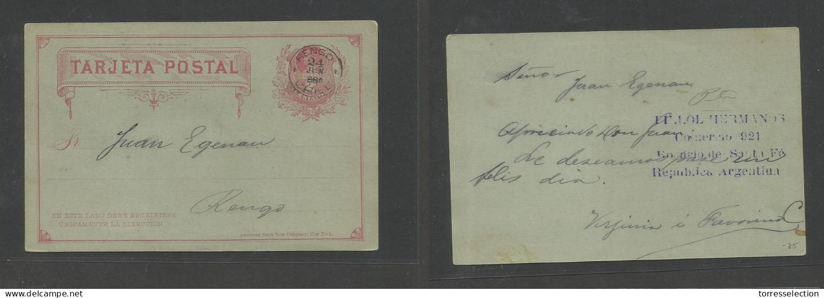 CHILE - Stationery. 1885 (24 June) Rengo Local Early Stat Card. 2c Red / Greenish. Scarce Small Cds + Town Origin. Fillo - Cile