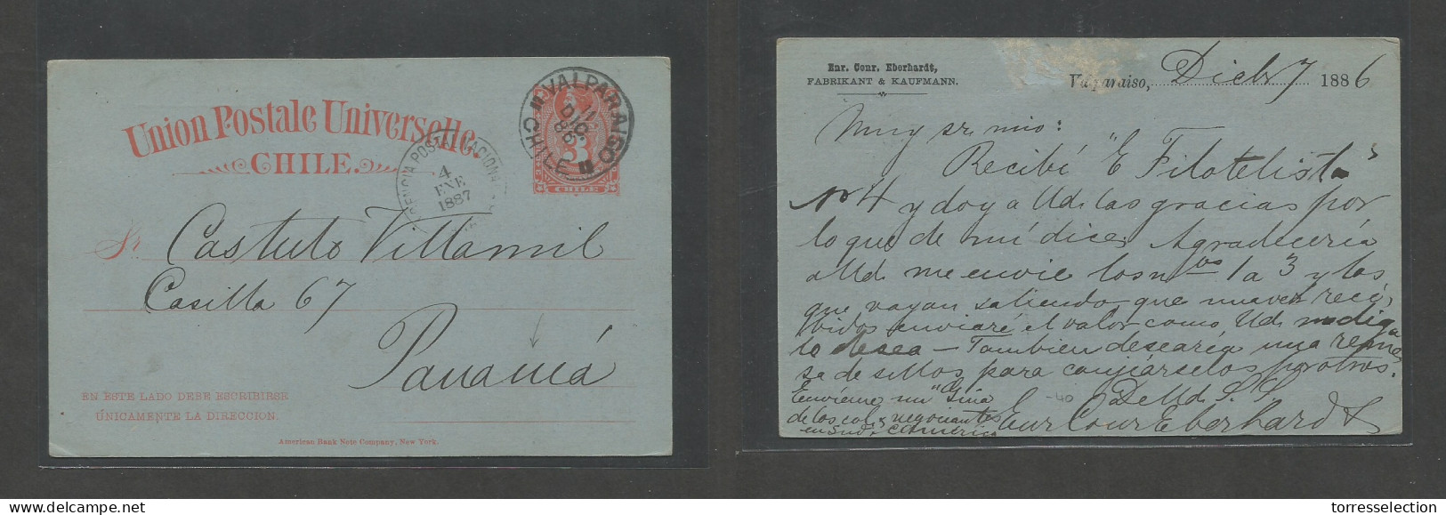 CHILE - Stationery. 1886 (11 Dec) Valp - Panama (4 Ene 87) 3c Red / Bluish Stat Card, Arrival Cachet Alongside. Rarity D - Cile