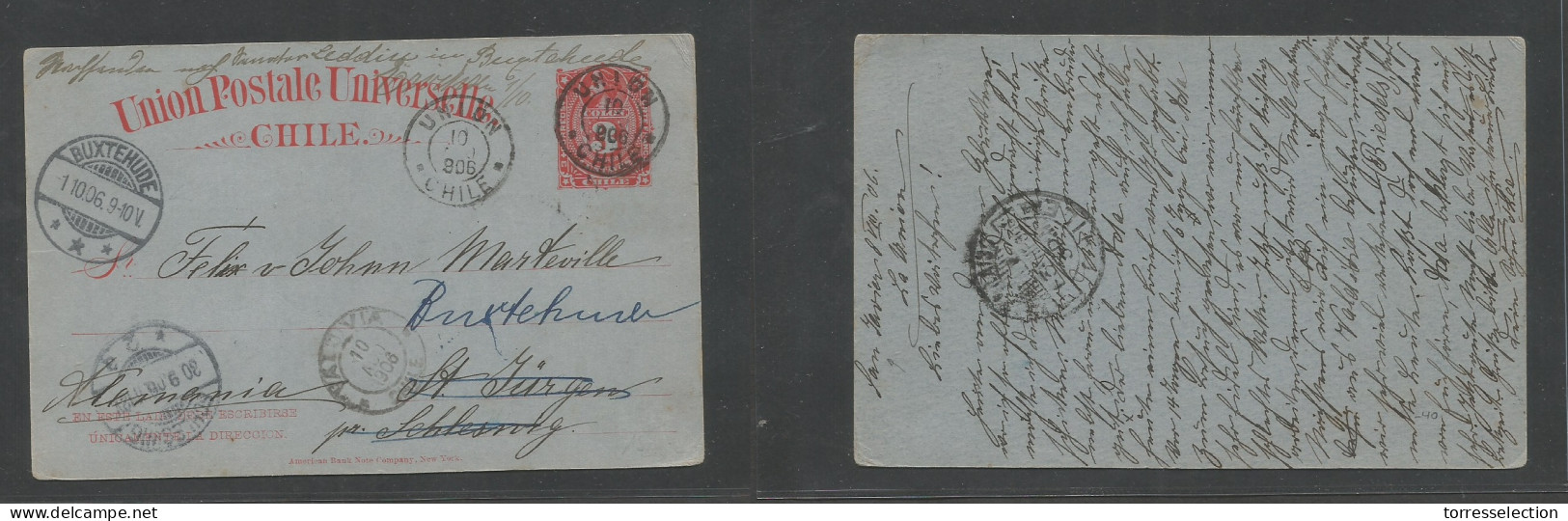 CHILE - Stationery. 1906 (8 Aug) San Javier - Germany, Schlewig, Buxtehude (1 Oct) Via Union - Valdivia 3c Red / Bluish  - Cile