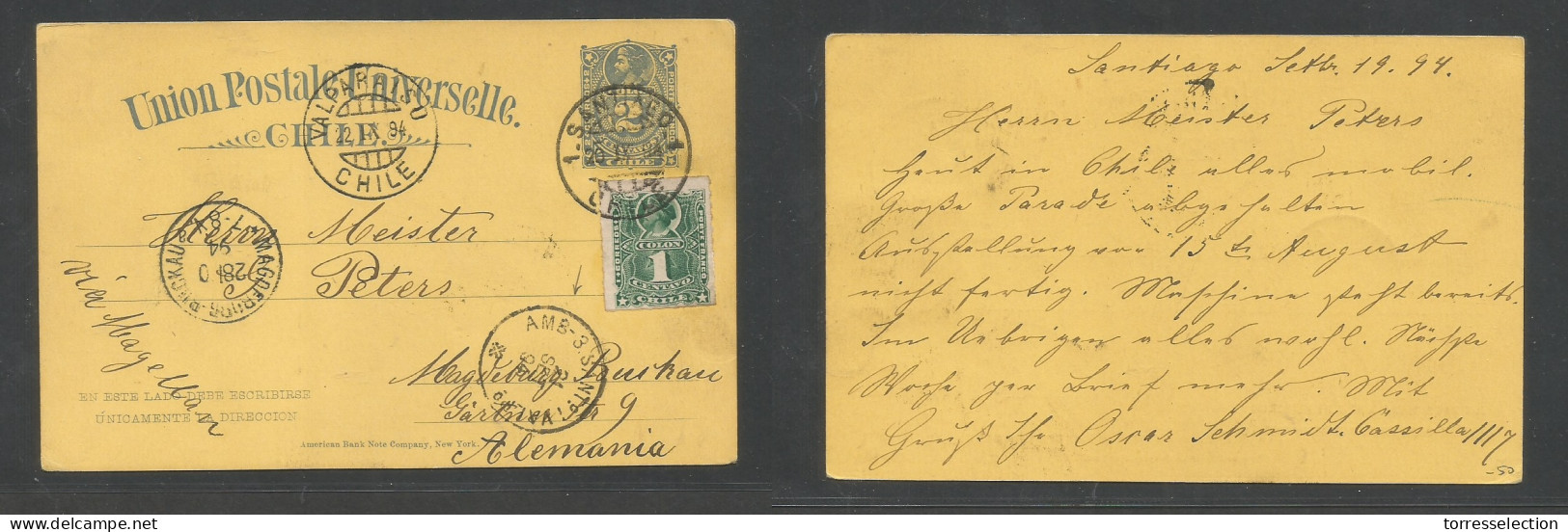 CHILE - Stationery. 1894 (19 Sept) Santiago - Germany, Madeburg (28 Oct) 2c Blue / Yellow Stat Card + Adtl 1c Green, Tie - Cile