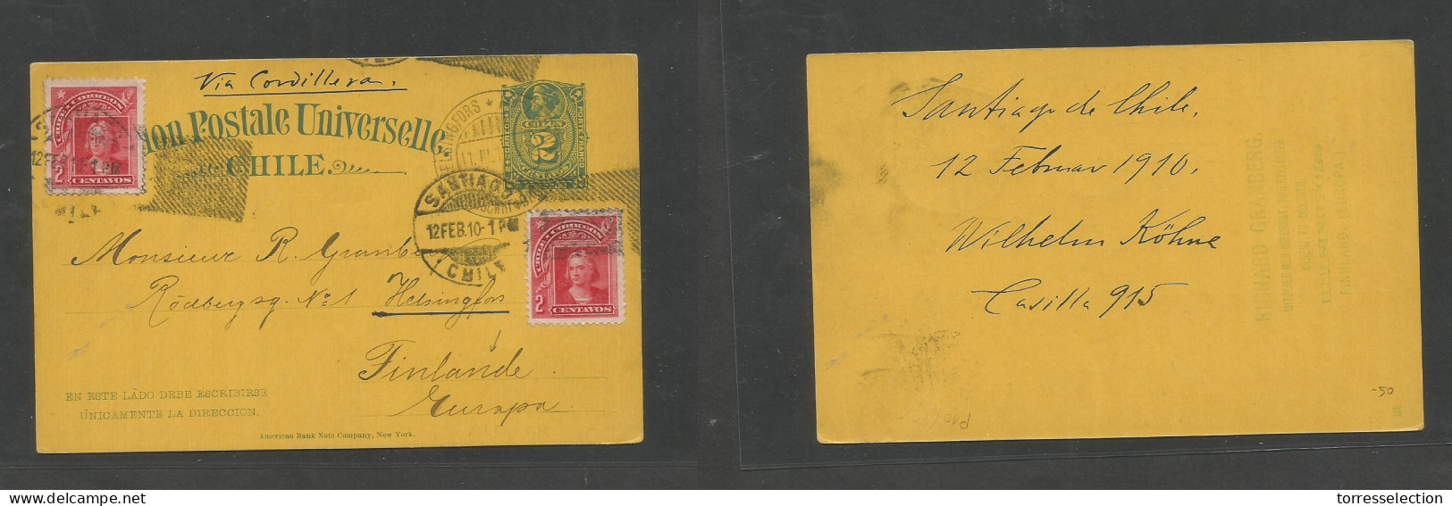 CHILE - Stationery. 1910 (12 Febr) Santiago - Finland, Helsingfors (11 March) 2c Blue / Yellow Stat Card + 2 Adtls, Tied - Cile
