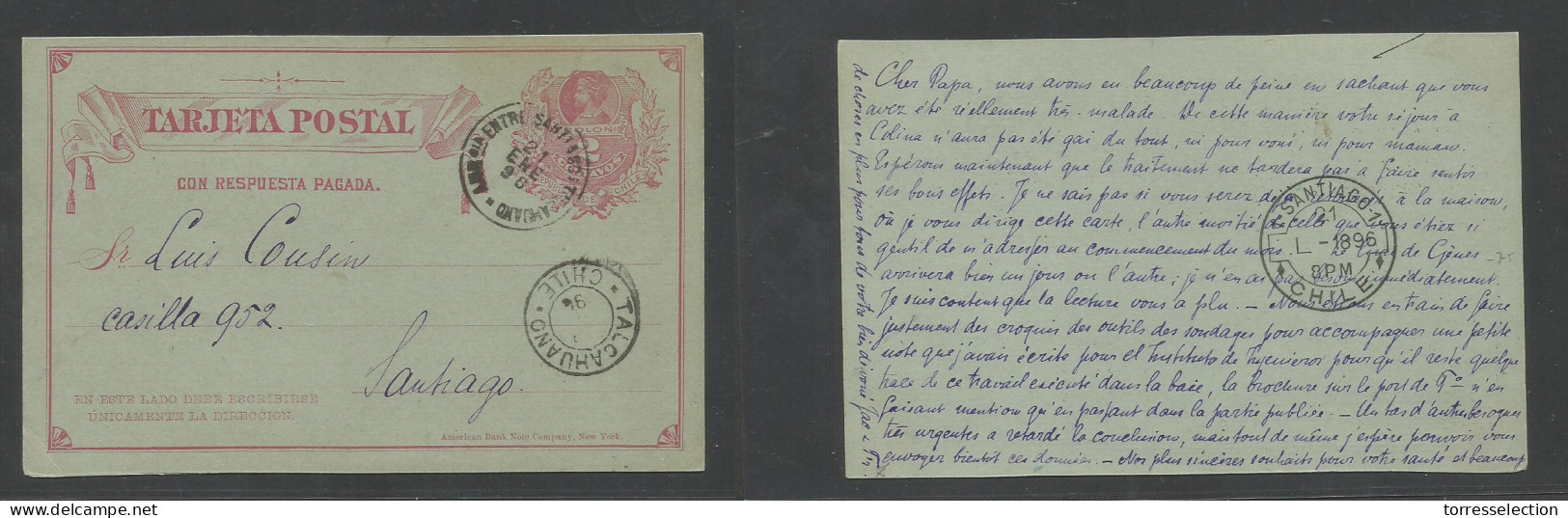 CHILE - Stationery. 1896 (21 Enero) TPO Cancel. Talcahuano - Santiago. 2c Light Red / Greenish Stat Card Superb Ambulant - Cile