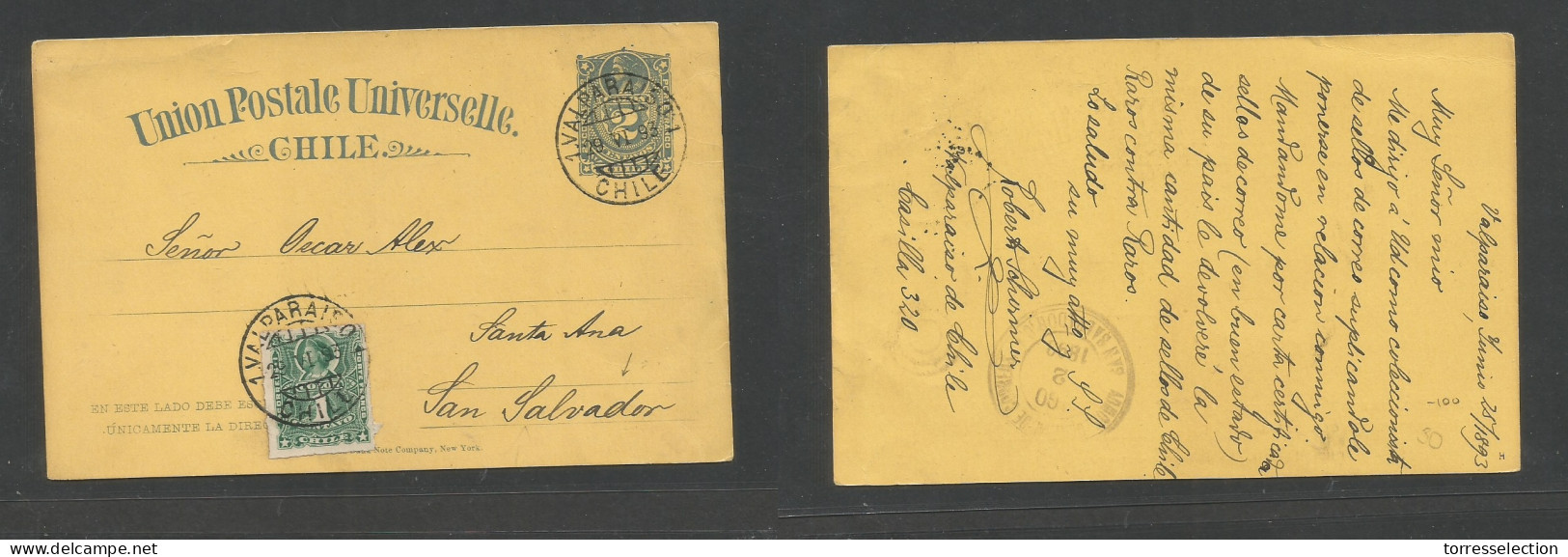 CHILE - Stationery. 1893 (29 June) Valp - San Salvador, Santa Ana (Aug 2) 2c Blue / Yellowish Stat Card + 1c Green Adtl, - Cile