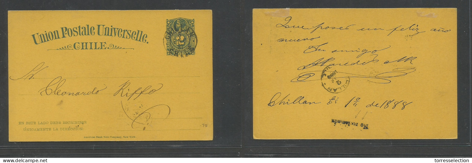 CHILE - Stationery. 1887 (3 Enero) Chilean Local 2c Blue / Yellowish Stat Card, Reverse Rare "NO RECLAMADA" (XXX/R) Cach - Cile