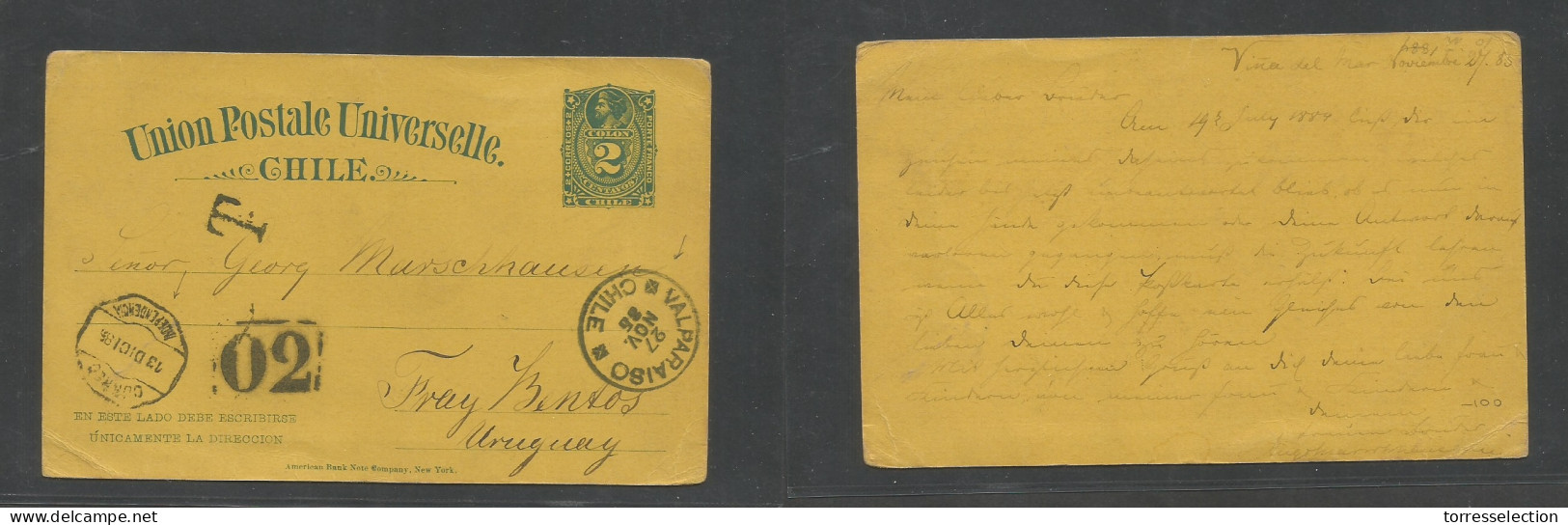 CHILE - Stationery. 1885 (27 Nov) Viña Del Mar - Uruguay, Fray Bentos (13 Dec) Via Valparaiso - Independencia + Taxed +  - Cile