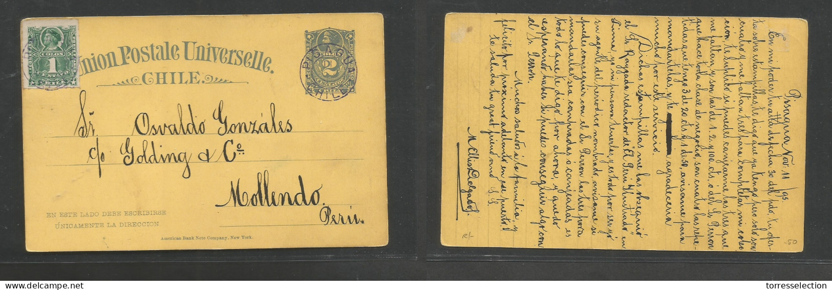 CHILE - Stationery. 1895 (11 Nov) Pisagua - Mollendo, Perú. 2c Blue / Yellowish Stat Card + 1c Green Perce Adtl, Tied Cd - Cile