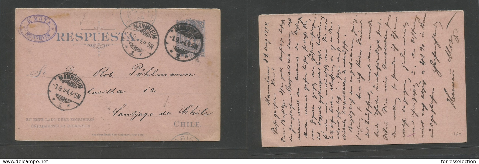 CHILE - Stationery. 1894 (1 Sept) REPLY HALF PROPER USAGE. Germany, Mannheim - Chile, Santiago. Via France, Paris. Respu - Cile