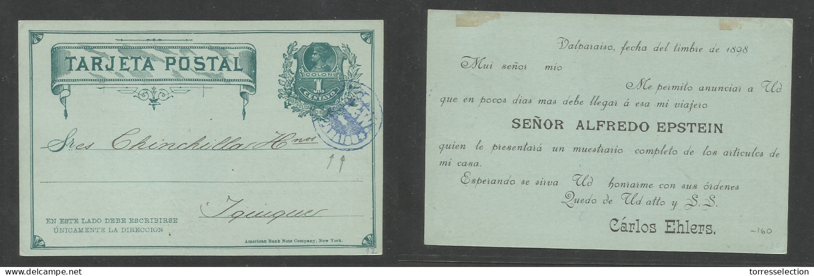 CHILE - Stationery. 1898. Valp - Iquique. 1c Green Private Printed Message Stat Card, Negative Cachet Cancel "W / Valp"  - Cile