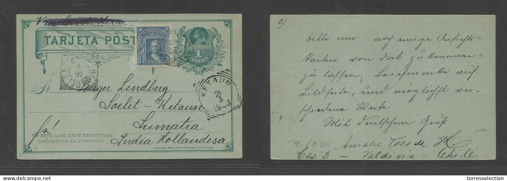 CHILE - Stationery. 1908 (29 Jan) Dutch Indies, Sumatra, Ketain (21 March 1908) Via Benkoelen (18 March) 1c Green Stat C - Cile