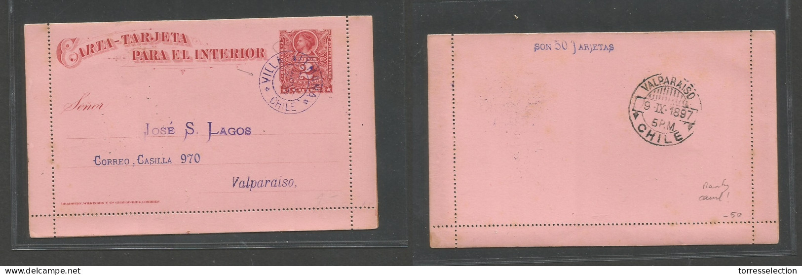 CHILE - Stationery. 1897 (9 Sept) Villa Alemana - Valp. 2c Red Stat Lettersheet. A Fine And Very Scarce Usage From This  - Cile