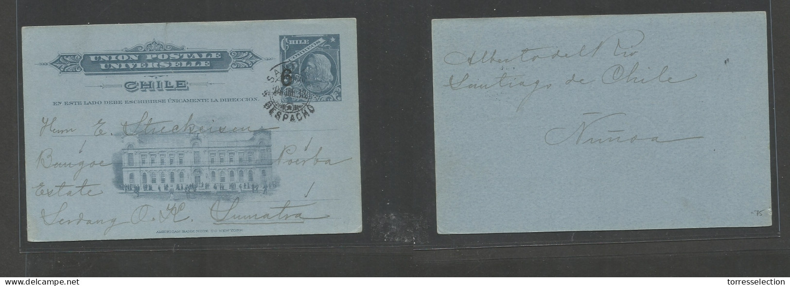 CHILE - Stationery. 1913 (24 Jul) Stgo - Sumatra, Dutch Indes, Serdang, South East Asia. Puerba Bangoen 6c/3c Grey/bluis - Cile