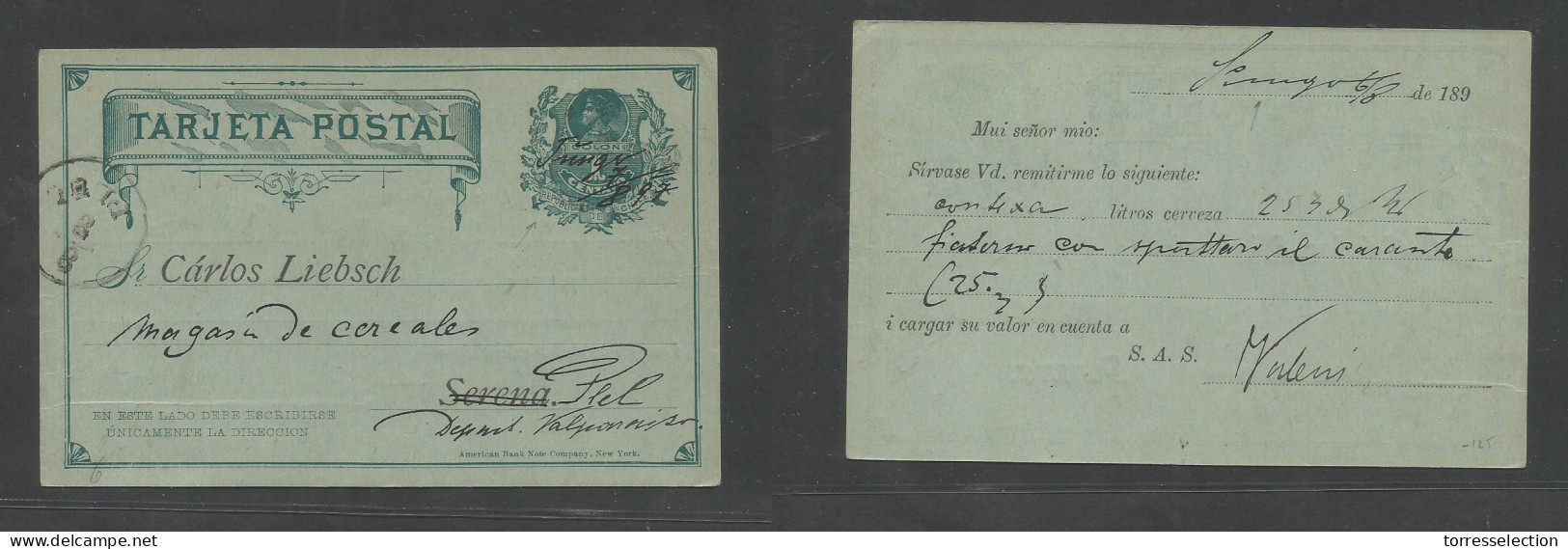 CHILE - Stationery. 1897 (6-7 Aug) Tungo - PLEL Valparaiso, Fwded Serena. 1c Green Private Printed Message With Extr Rar - Cile