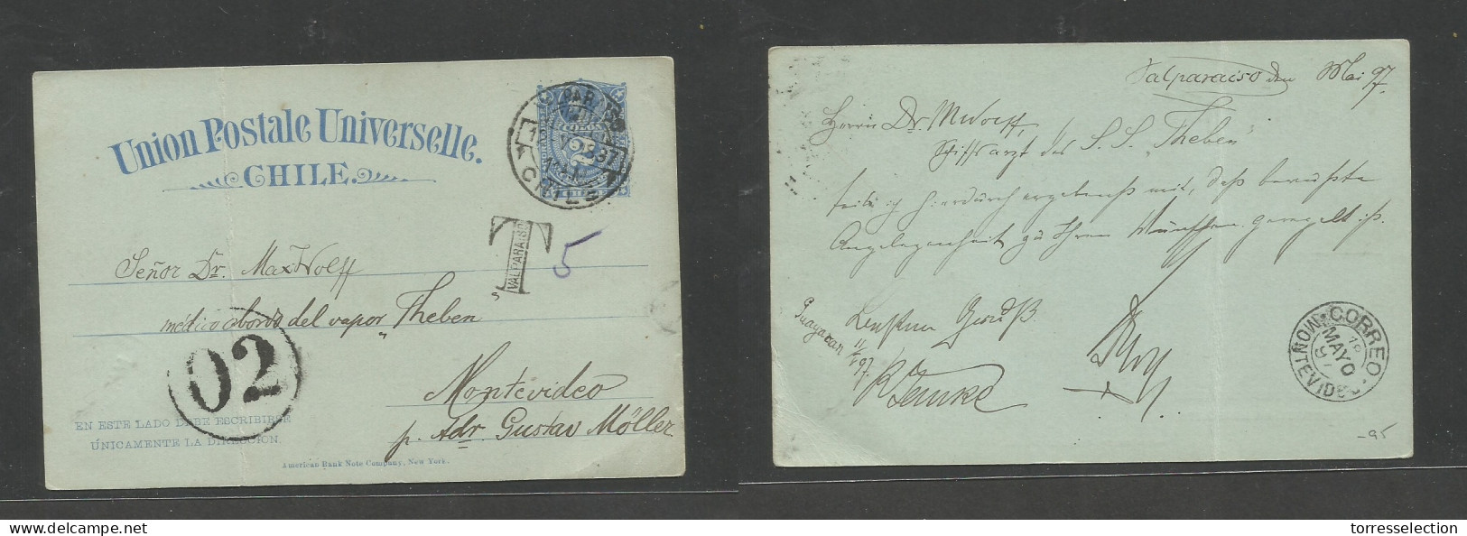 CHILE - Stationery. 1897 (12 May) Valp - Uruguay, Montevideo (18 May) 2c Blue / Greenish Stat Card, Taxed Valp + Arrival - Cile