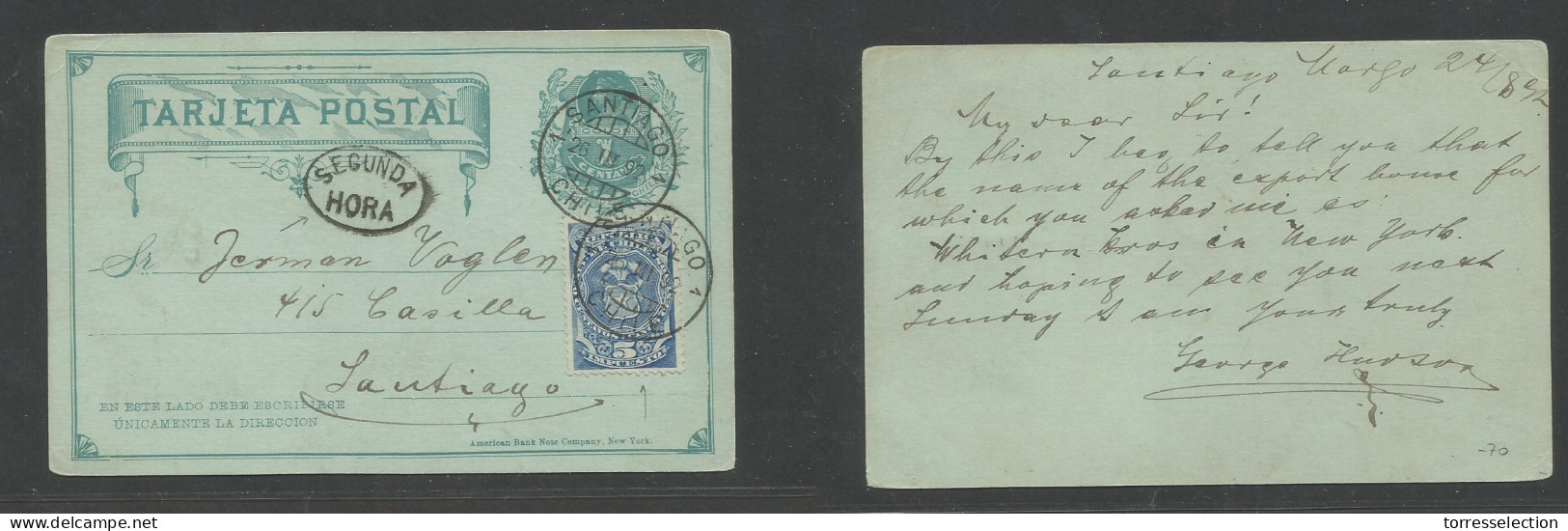 CHILE - Stationery. 1892 (26 March) Second Provisional Period. Stgo Local 1c Green Stat Card + Adtl 5c Blue Tax Fiscal S - Cile