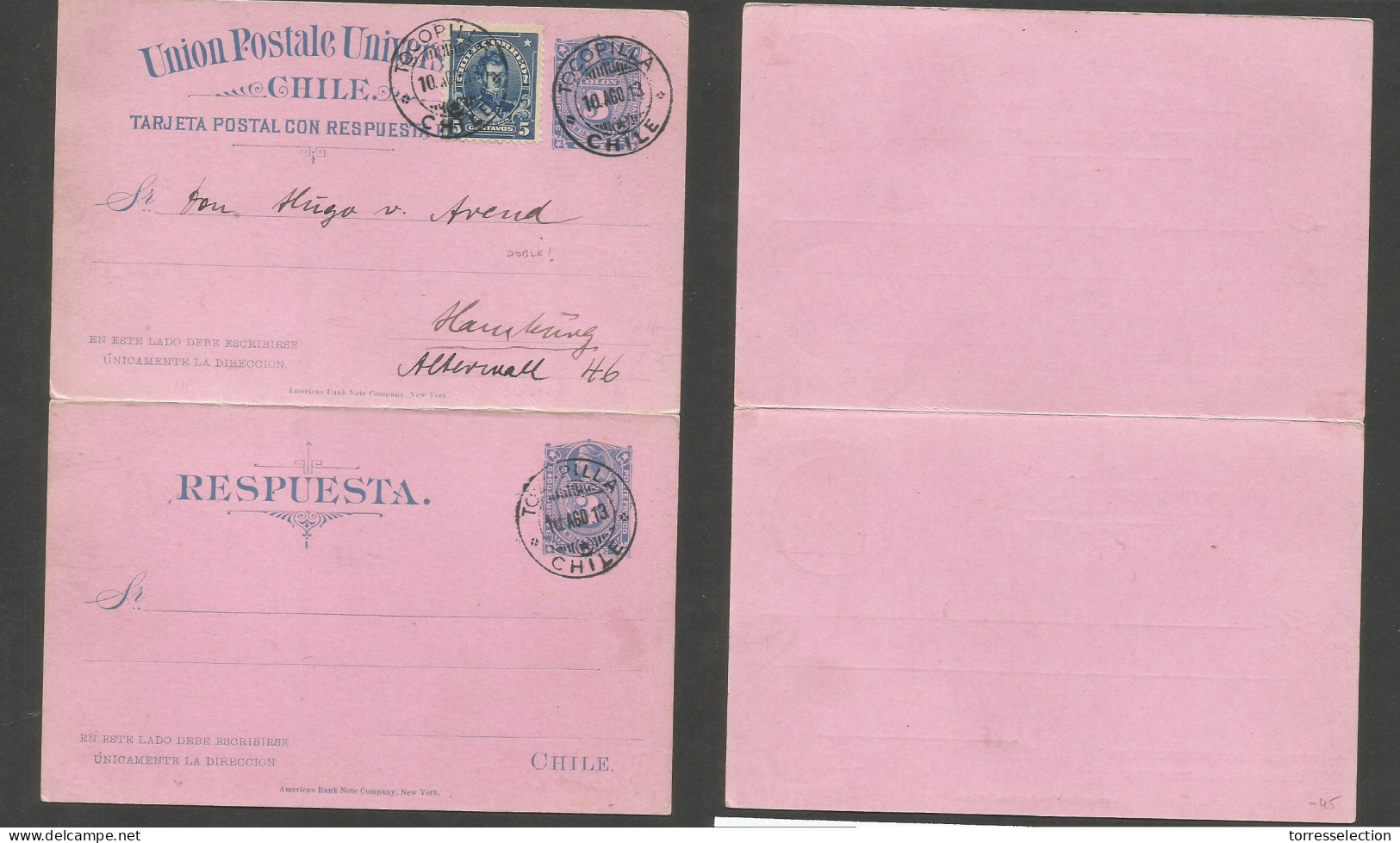 CHILE - Stationery. 1913 (10 Aug) Tocopila - Germany, Hamburg. Doble 3c Blue / Pink Stationary Card, Way Out Used Only W - Cile