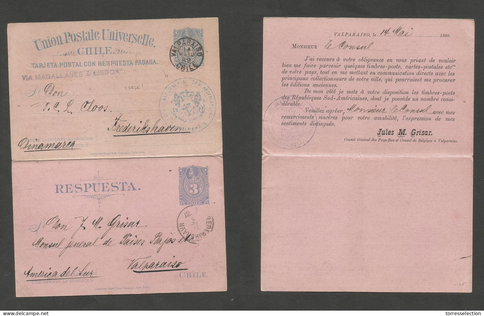 CHILE - Stationery. 1889 (14 Mayo) Valp - Denmark, Frederickshaven (21 June) 3c Blue / Pink Doble Stationary Card Used O - Cile