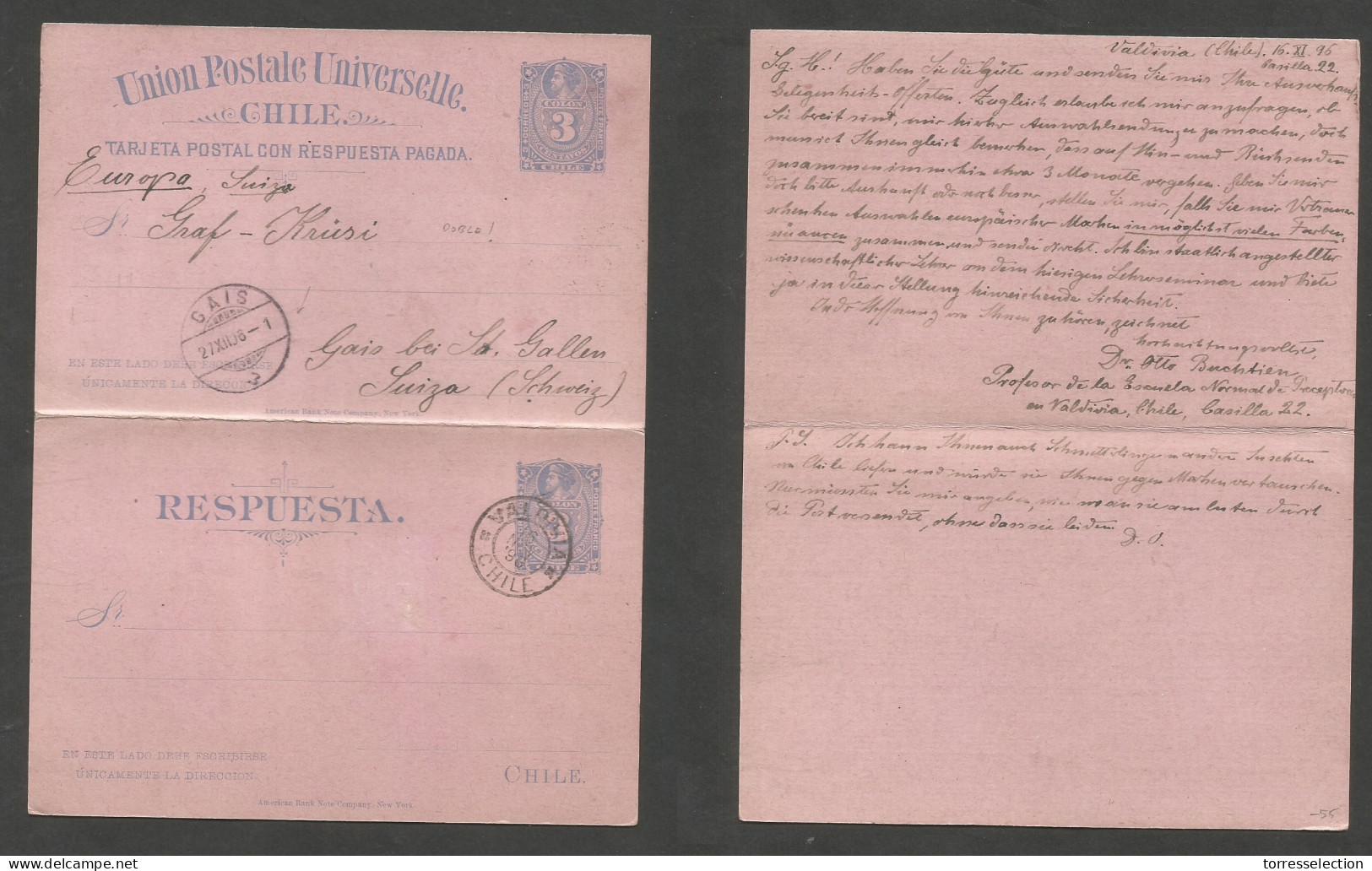 CHILE - Stationery. 1896 (16 Nov) Valdivia - Switzerland, Gais (27 Dec) 3c Bluish / Pink Doble Stationary Card, Based On - Cile