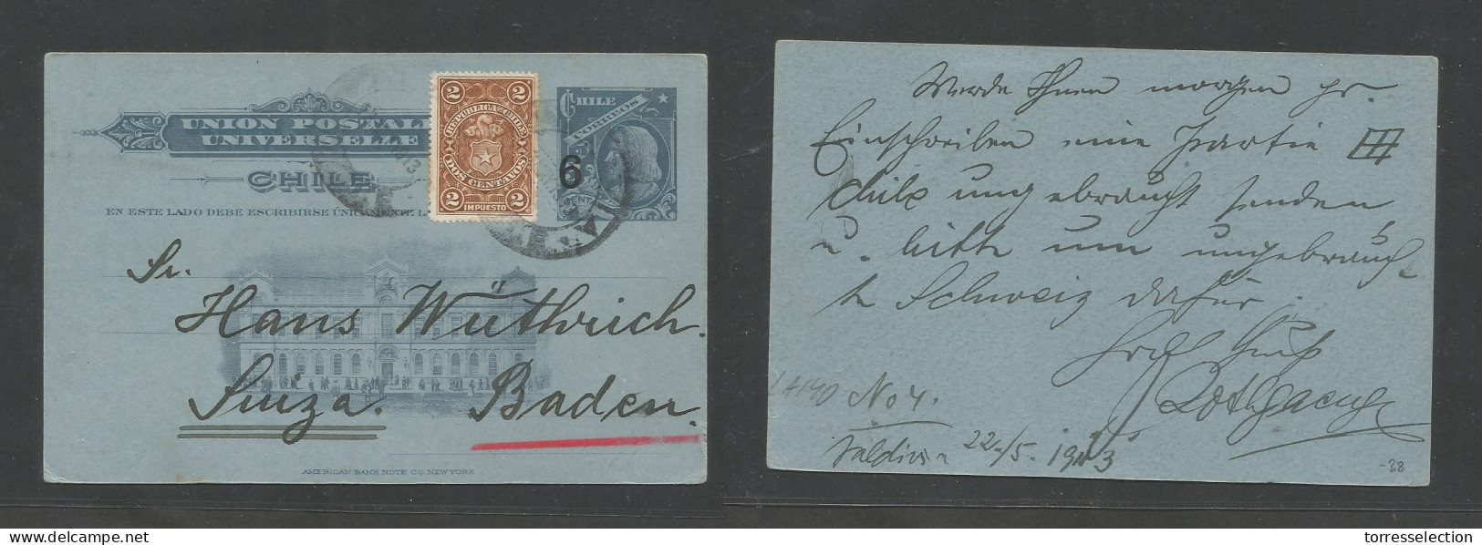 CHILE - Stationery. 1913 (22 May) 3rd Provisional Period. Valdivia - Swizerland, Baden 6c /3c Grey Bluish Illustrated St - Cile