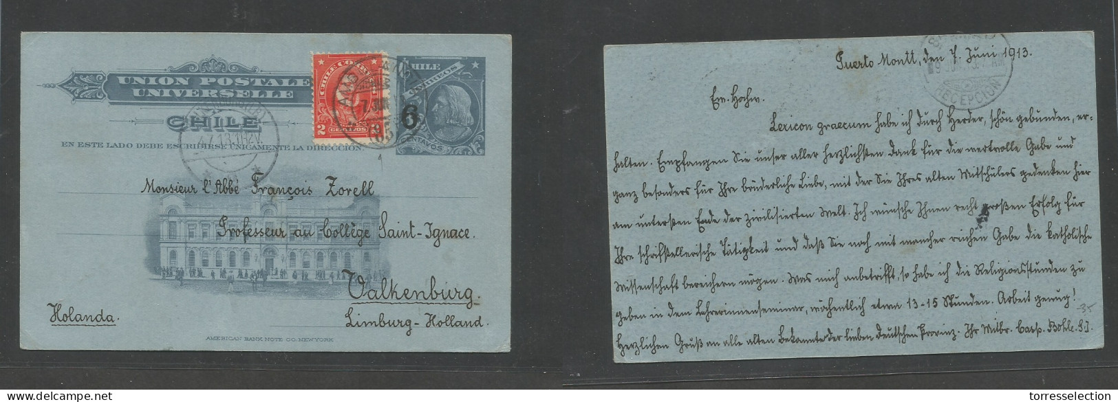 CHILE - Stationery. 1913 (7 June) Puerto Mont T - Netherlands, Valkenburg (4 July) 6c / 3c Grey / Bluish Stat Card + 2c  - Cile