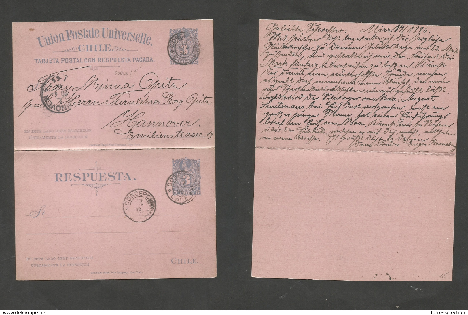 CHILE - Stationery. 1896 (17 March) Concepcion - Germany, Hannover (20 Apr) Doble 3c Bluish / Pink Stationary Card Used  - Cile