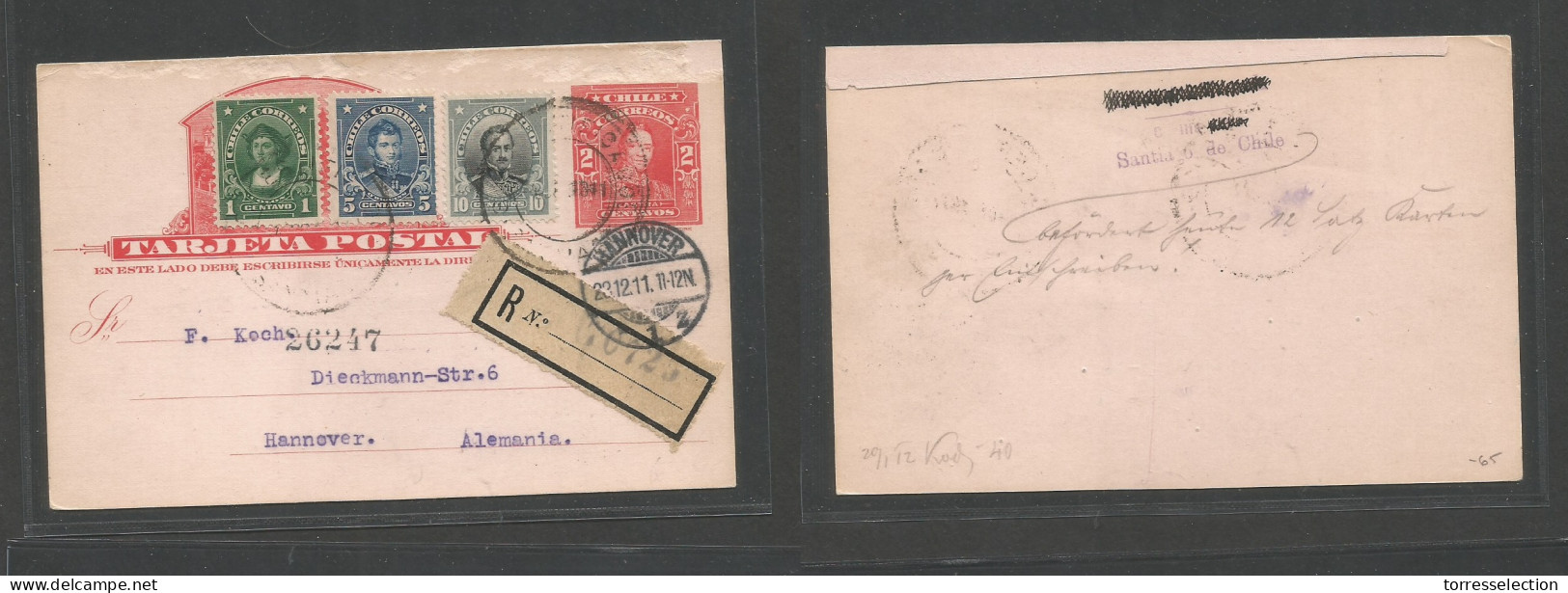 CHILE - Stationery. 1911 (Dec 2) Santiago - Germany, Hannover. Registered 2c Red Illustr Stat Card + Three Adtls, Tied C - Cile