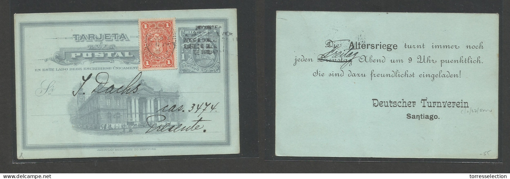 CHILE - Stationery. C. 1913 (June 11) Third Provisional Period. Santiago Local Usage 1c Grey Illustrated Stat Card, Priv - Cile
