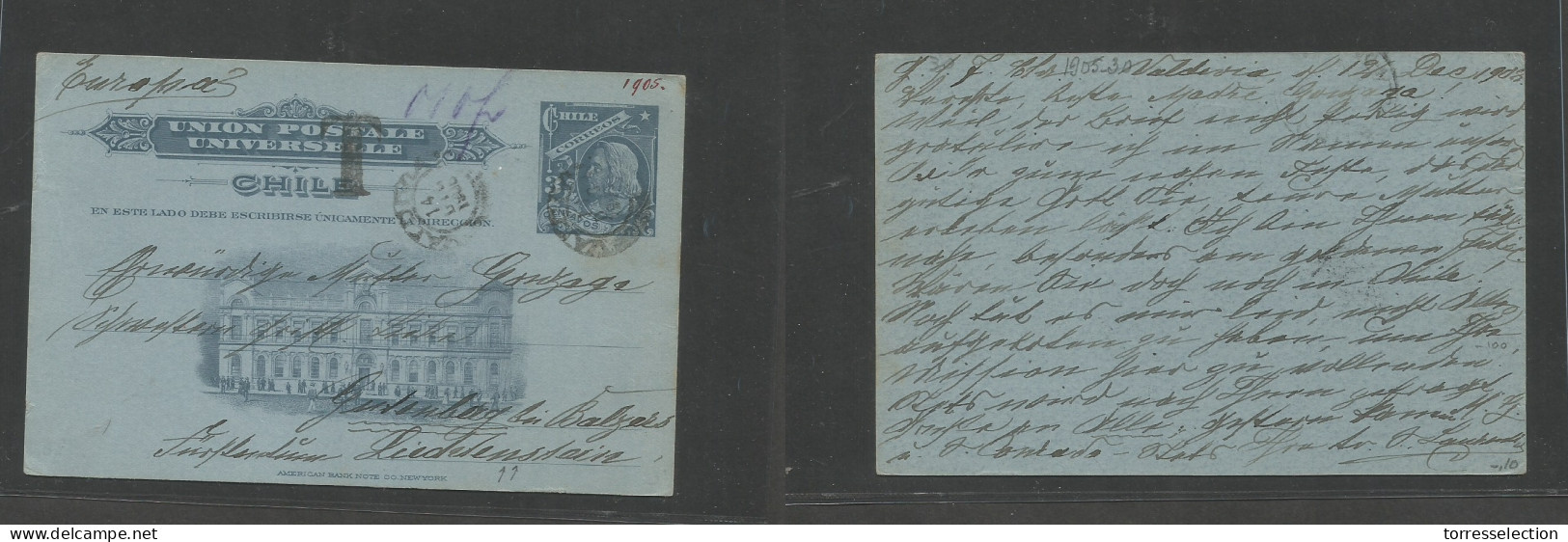 CHILE - Stationery. 1908 (14 Dec) Valdivia - LIECHESTEIN, Gudensberg. 3c Grey Illustrated Stat Card + Taxed "T" + Cash P - Cile