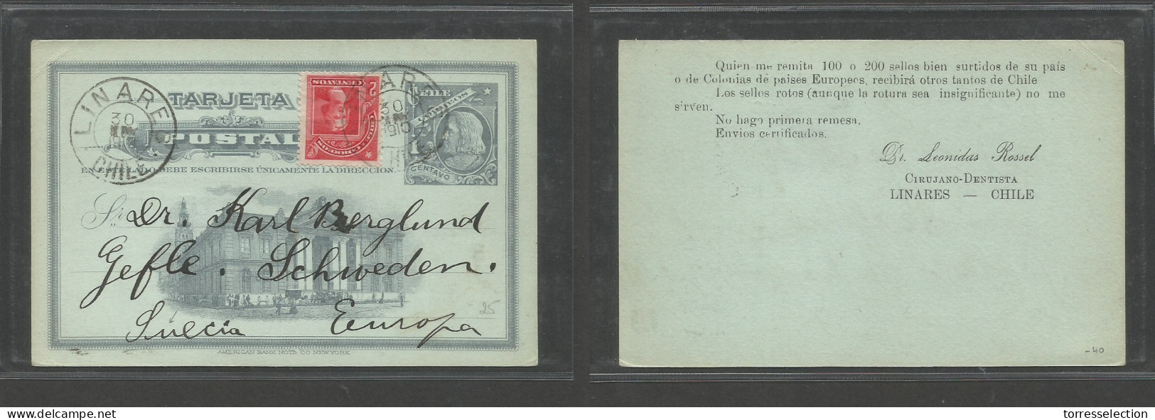 CHILE - Stationery. 1910 (30 May) Linares - Sweden, Gefle. 1c Grey Illustrated Stat Card + 2c Red Adtl, Tied Cds. Fine T - Cile