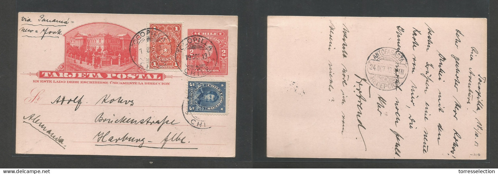 CHILE - Stationery. 1913 (19 Oct) 3rd Provisional Period. Tocopila - Germany, Hamburg Via Antofagata. 2c Red Illustrated - Cile