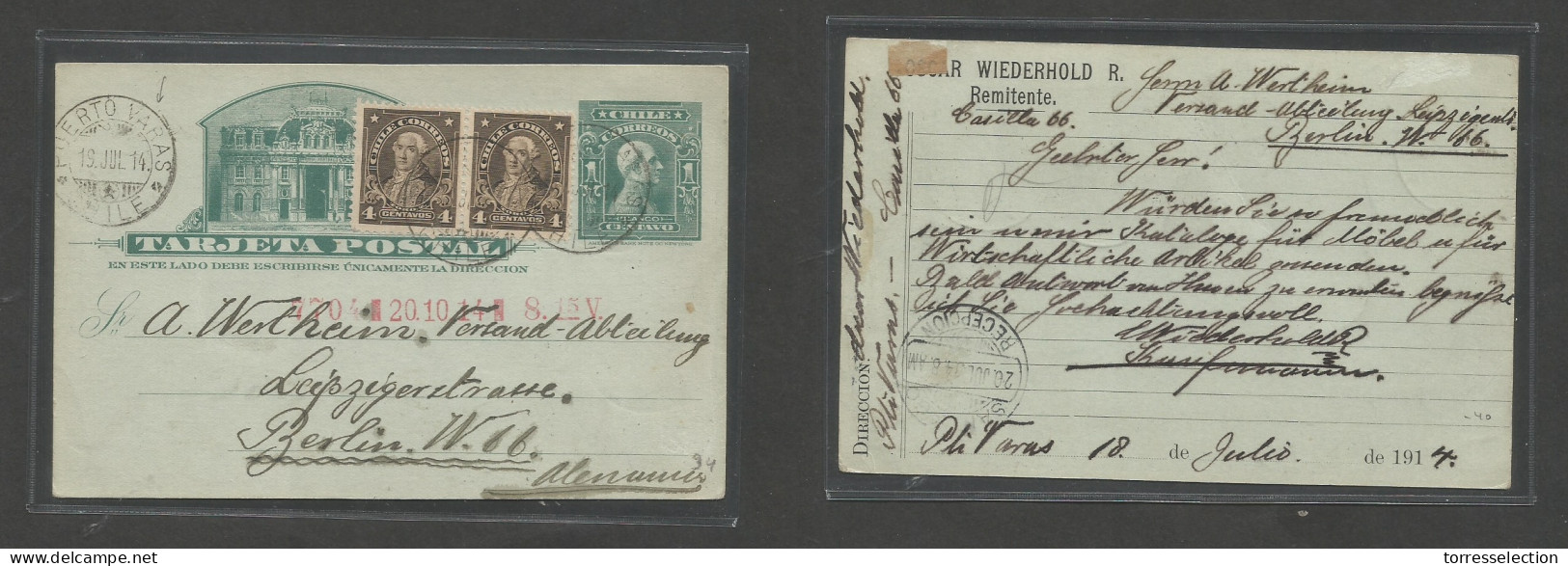 CHILE - Stationery. 1914 (18-19 July) Puerto Varas - Germany, Berlin (20 Oct 14) Via Stgo. 1c Green Stat Card + 2 Adtls, - Cile