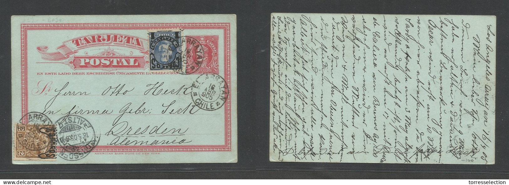 CHILE - Stationery. 1905 (16 Apr) El Arrayan - Germany, Dresden (18 May) 2c Red Colon Stat Card + 2 Adtls, Ovptd Issue,  - Cile