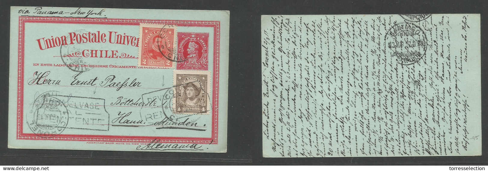 CHILE - Stationery. 1917 (2 March) Coronel - Germany, Minden Via Panama - NY. 2c Red Colon Stat Card + 2 Adtls, At 8c Ra - Cile