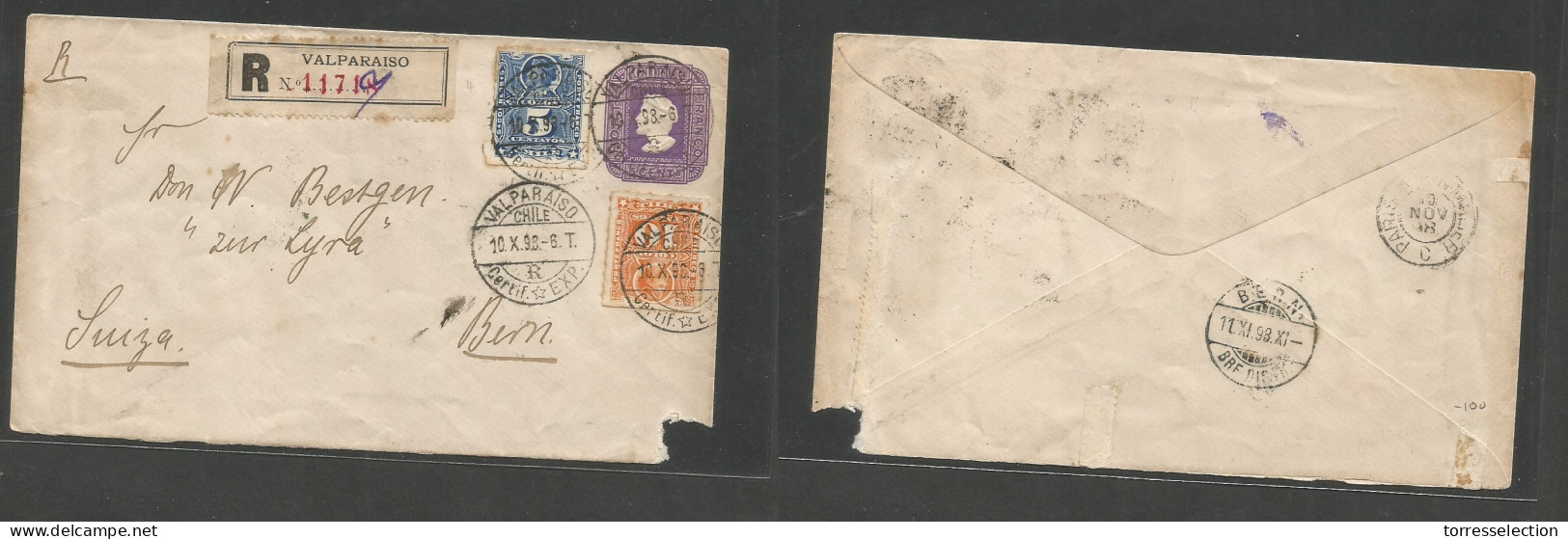 CHILE - Stationery. 1898 (10 Oct) Valp - Switzerland, Bern (11 Nov) Via Paris. Registered 5c Vivid Purple Stat Envelope  - Cile