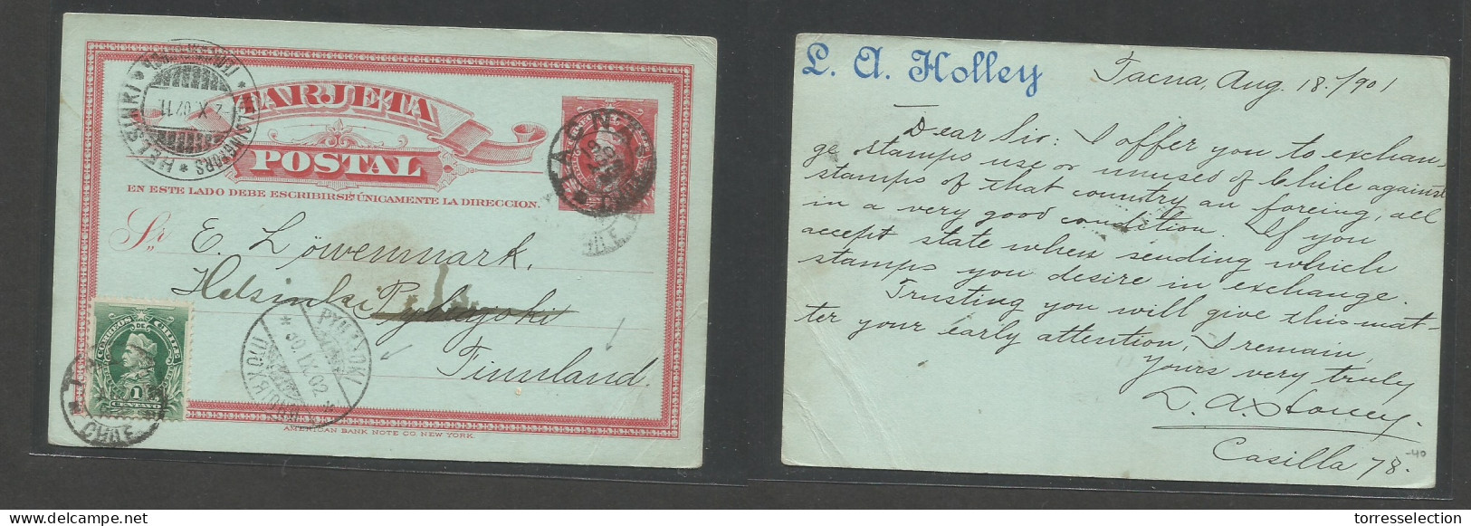 CHILE - Stationery. 1901 (18 Aug) Tacna - Finland, Pyliajoki (30 Sept) 2c Red Colon Stat Ard + 1c Green Adtl, Tied Cds.  - Cile