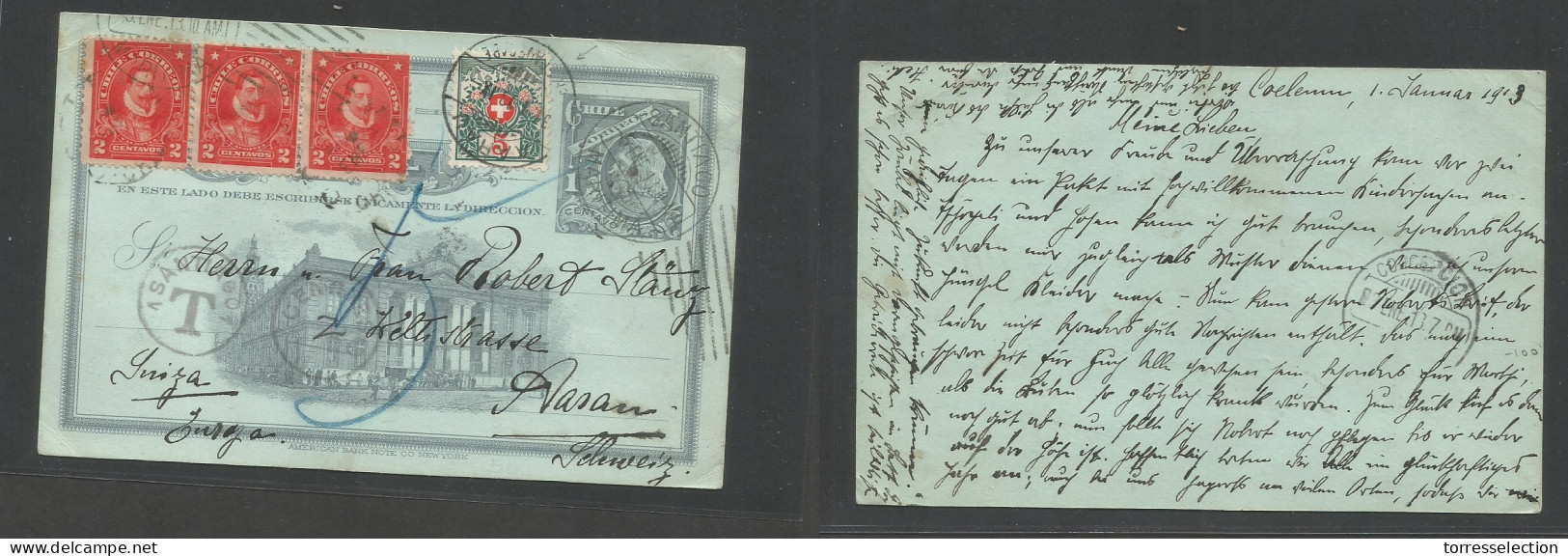 CHILE - Stationery. 1913 (1 Jan) Coelemn, Stgo - Switzerland, Aaran (31 Jan) Via Concepcion, 1c Grey Illustr Stat Card + - Cile