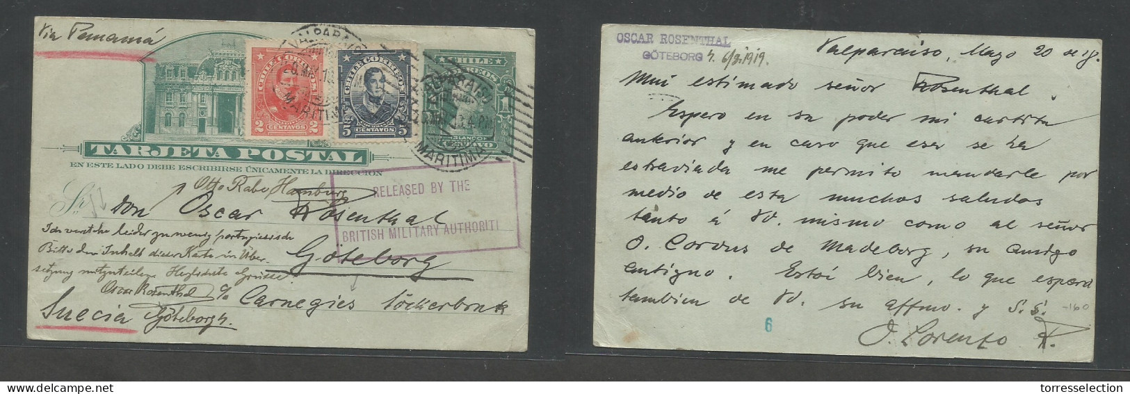 CHILE - Stationery. 1918 (20 May) Undercover Mail. Valp - Goteborg, Sweden Via Panama. WWI Special Cachet. 1c Green Illu - Cile