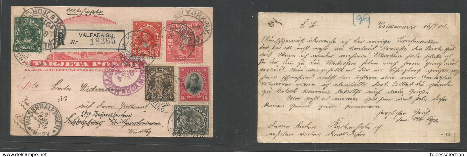 CHILE - Stationery. 1914 (16 July) Valparaiso - Germany, Wasseralfingen (29 Aug) Registered 2c Red Illustrated Stationar - Cile