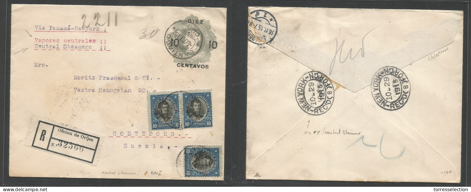 CHILE - Stationery. 1915 (5 Oct) Santiago - Sweden, Gotheburg (16 Nov) Via Panama - NYC. WWI Via Neutral Ship (USA At Th - Cile